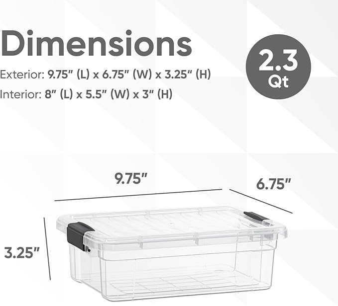 Superio Clear Storage Boxes with Lids, 2.3 Quart Plastic Container Bins for Organizing, Stackable Crates, BPA Free, Non Toxic, Odor Free, Organizers for Home, Office, School, and Dorm, 2 Pack