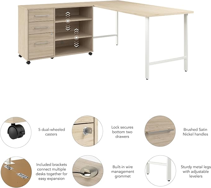 Bush Business Furniture Hustle 72W x 30D Computer Desk and Storage Cabinet with Drawers and Shelves in Natural Elm/White, Modular Office Table for Home and Professional Workspace