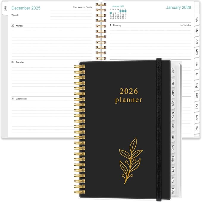 2026 Planner - Planner 2026 from January 2026 - December 2026, Weekly & Monthly Planners Spiral Bound with 12 Monthly Tabs, Inner Pocket, 6.4" x 8.5", Black