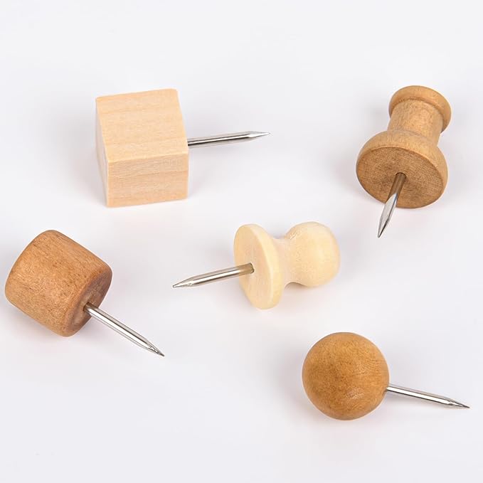 Thumb Tacks for Bulletin Boards,Wooden Push Pins - 140Pcs 5 Styles & 2 Colors, Decorative Pins for DIY Crafts, Home Office, with Storage Box (Multi-Purpose)