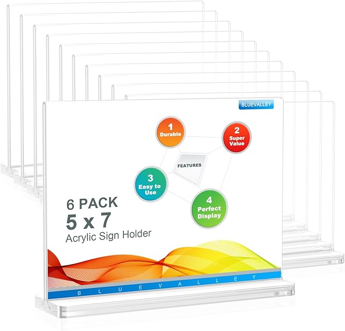 BlueValley Clear Acrylic Sign Holder 7x5 Inch - 12 Pack Double Sided Lucite Plastic Paper Display Stand for Brochure, Tabletop Sign, Document Picture Frame For Office Retail Catering Menu Show Fair Vendor Events