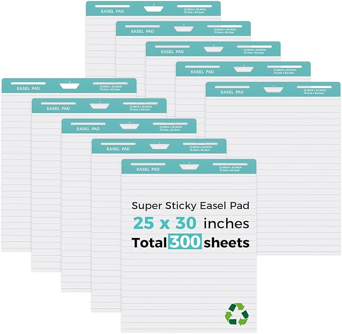 FAHKNS Lined Sticky Easel Pad，Large 25x30 Inch Self-Adhesive Teacher'S Flip Chart Paper, Easel Pad with Dry Erase Surface for Classroom/Office, White, 30 Sheets/Pad, 10 Pads/Pack