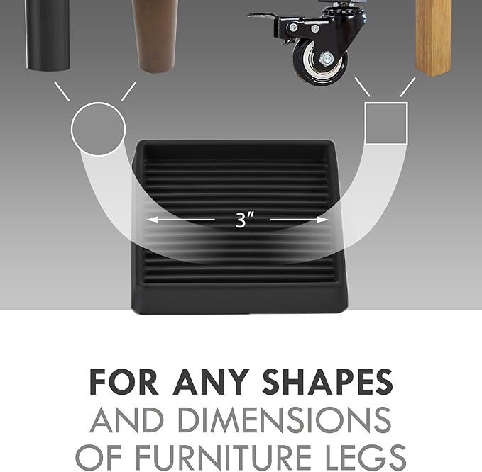 VOCOMO 3X3 Rubber Caster Cups, Non Slip Furniture Pads, Anti-Slip Gripper, Anti Skid Furniture Feet, Anti Slide Floor Protector for Bed Couch Stoppers (8 Pack, Black)