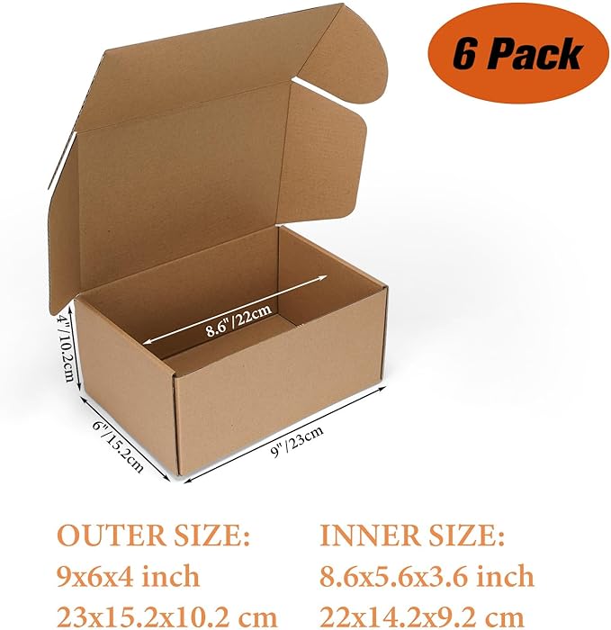 PHAREGE 9x6x4 inch Shipping Boxes 6 Pack Brown, Tab Lock Tuck Top Mailer Boxes for Packaging Small Business, Medium Cardboard Gift Boxes for Wrapping Mailing Present