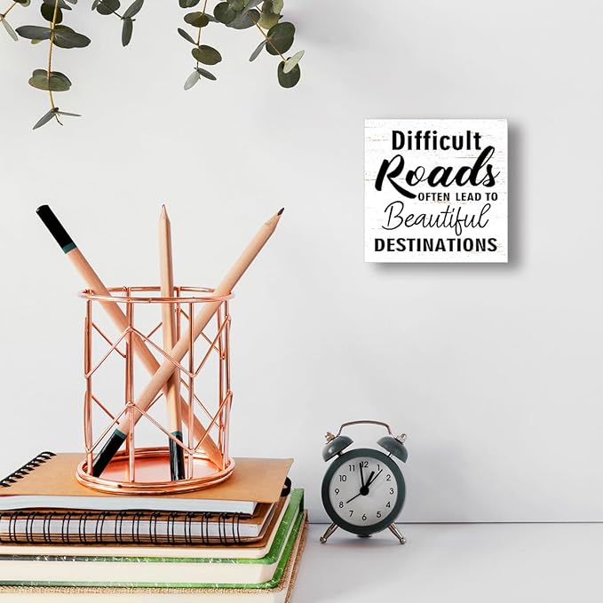 Inspirational Wood Box Sign - "Difficult Roads To Beautiful Destinations" Motivational Message - 5x5x1 Inch Uplifting Home & Office Decor
