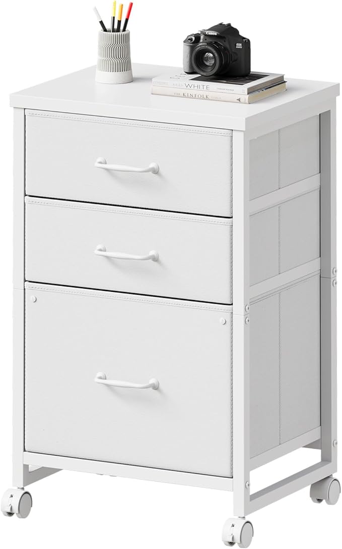Maihail 3 Drawer Mobile File Cabinet with Wheels Fabric Vertical Filing Cabinet fits A4 or Letter Size for Home Office,White