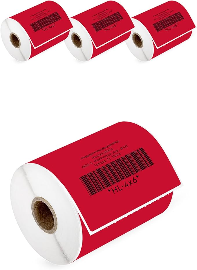 HOUSELABELS 4" x 6" Red Shipping Labels on 1" Core Compatible with Zebra and Rollo Printers, 4 Rolls / 250 Labels per Roll
