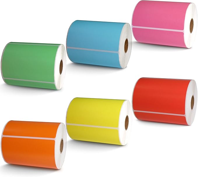 BETCKEY - 4" x 3" Shipping & Multipurpose Labels Replacement for Zebra & Label Printer,Premium Adhesive & Perforated[Mixed: Light Blue + Red + Green + Pink + Orange + Yellow, 6 Rolls, 3000 Labels]