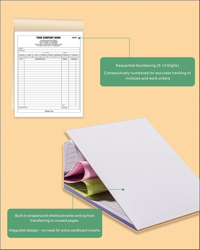 Custom Carbonless Invoice Book with Logo, Personalized Cover & Inner Pages, 2 Part NCR Receipt & Work Order Forms, Easy Tear, Writing Shield for Small Business (2-Part [White/Blue], 8.3 x 5.5INCH)