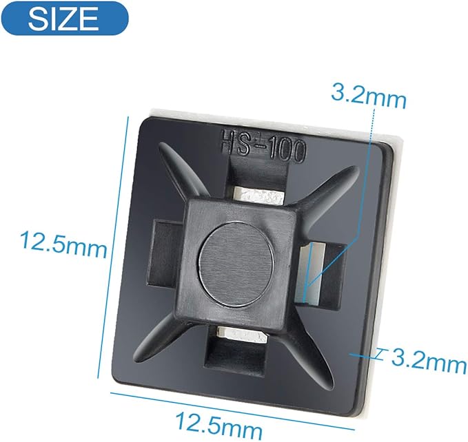 XHF 200 PCS 1/2" Black Self Adhesive Cable Zip Tie Mounts Wire Cable Clips Holders Management Anchors Organizer Holders Squares(HS-100)