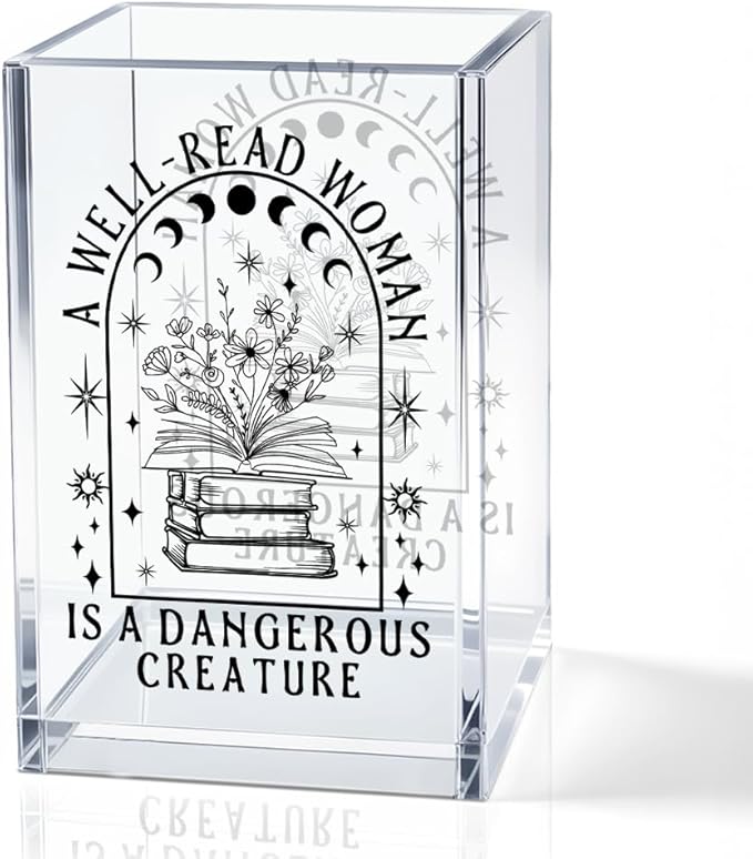 QYUVK A Well-read Woman Is A Dangerous Creature Acrylic Pencil Holder Cup, Funny Floral Books Desk Organizer for Book Lover Bookish Bookworms Readers, Women Empowerment Gifts for Mom Sister BFF