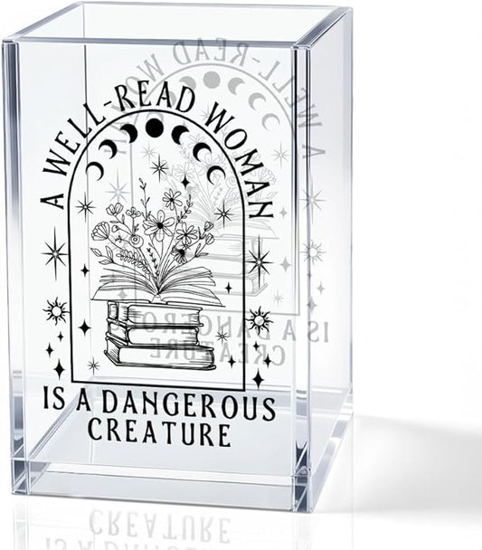 QYUVK A Well-read Woman Is A Dangerous Creature Acrylic Pencil Holder Cup, Funny Floral Books Desk Organizer for Book Lover Bookish Bookworms Readers, Women Empowerment Gifts for Mom Sister BFF