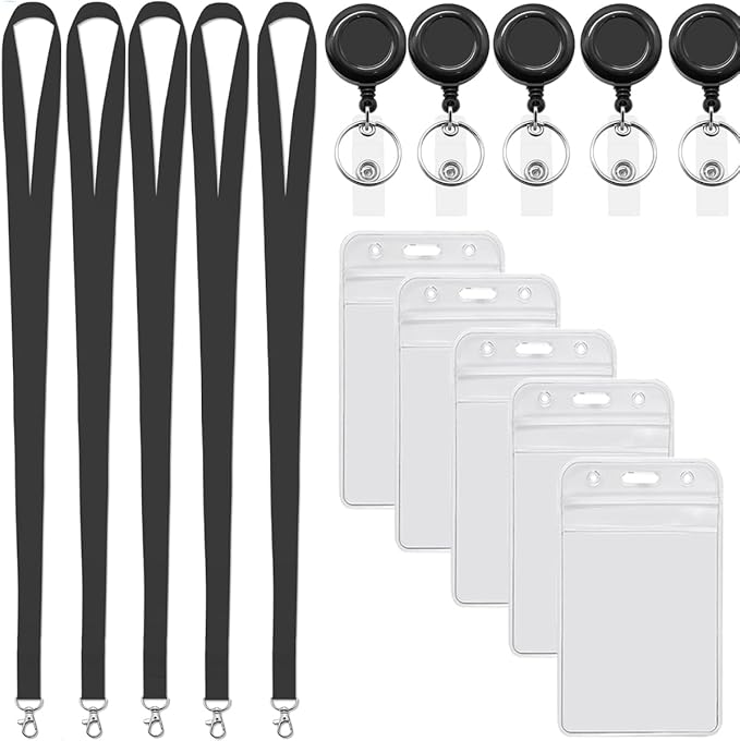 YOUOWO 5 Pack Black Lanyards with Vertical ID Badges Holder and Retractable Badge Reels,Neck Lanyard for Keys Card Holder