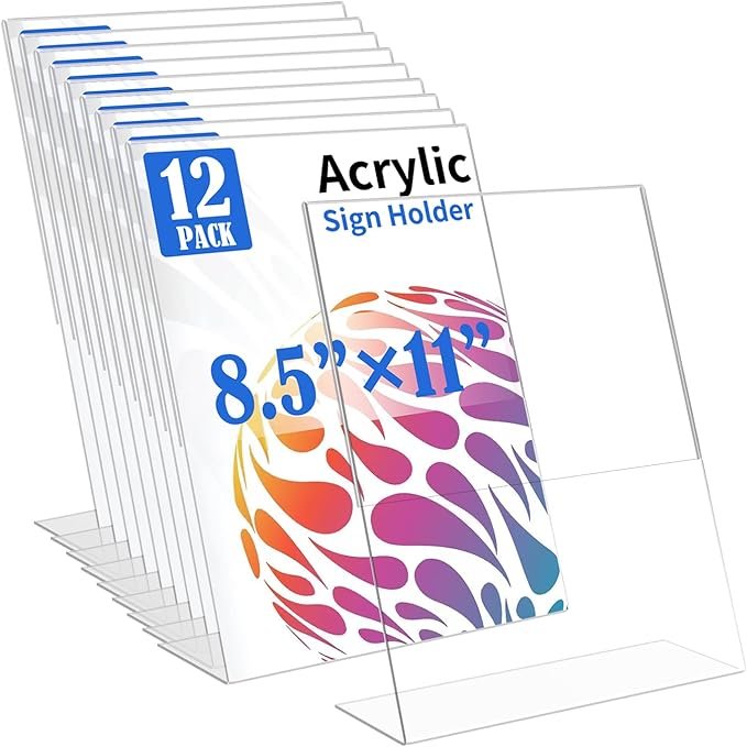 WAEFNO 12 Pack Acrylic Sign Holder 8.5 X 11, L Shape Clear Sign Holder, Clear Plastic Sign Holder Picture Photo Frames, Flyer Document Paper Display Stand for Office Desktop