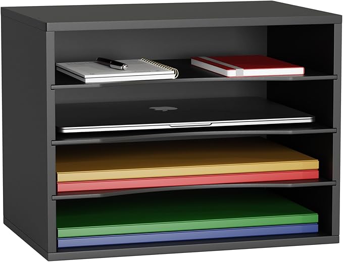 GDINDINFAN Wood Desktop Letter Tray File Organizer, Paper Storage Mail Sorter with 3 Adjustable Drawer Boards for Home and Office, Black