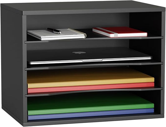 GDINDINFAN Wood Desktop Letter Tray File Organizer, Paper Storage Mail Sorter with 3 Adjustable Drawer Boards for Home and Office, Black