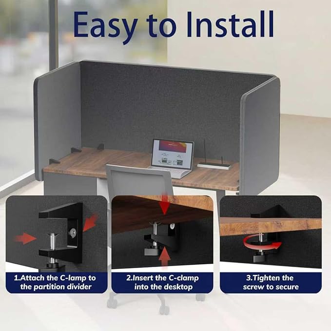 KERRAM Desk Privacy Panel 24 x 24 Inch,Sound Absorbing & Proof Desk Divider for Office, Clamp-on/Screw-on Acoustic Desk Back Panel Partition, Dark Gray