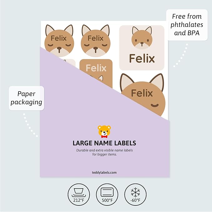 Large Name Labels for Kids (33) - Custom Stickers for Daycare and School Supplies - Durable, Waterproof Stickers for Water Bottles, Lunch Boxes, and More with Unique Designs - Fox