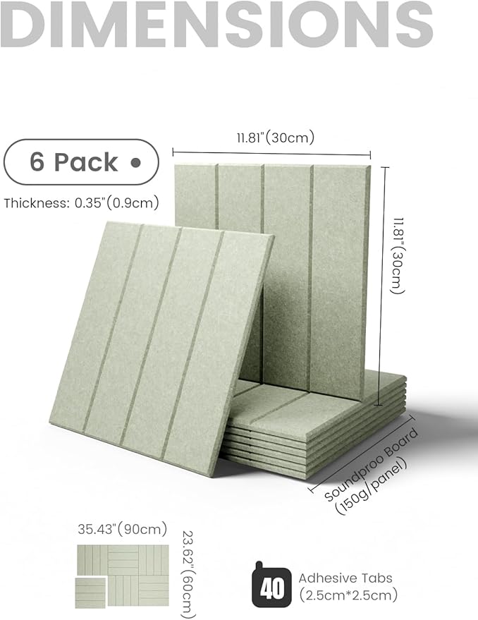 Fluxynara Felt Bulletin Board Tiles Large 36" x 24" Cork Board Alternative-6 Pack with 40 Adhesive Tabs, Thick Slat Wall Panels for Office Decor, Push Pin Board Wall Organizer Alternative - Sage
