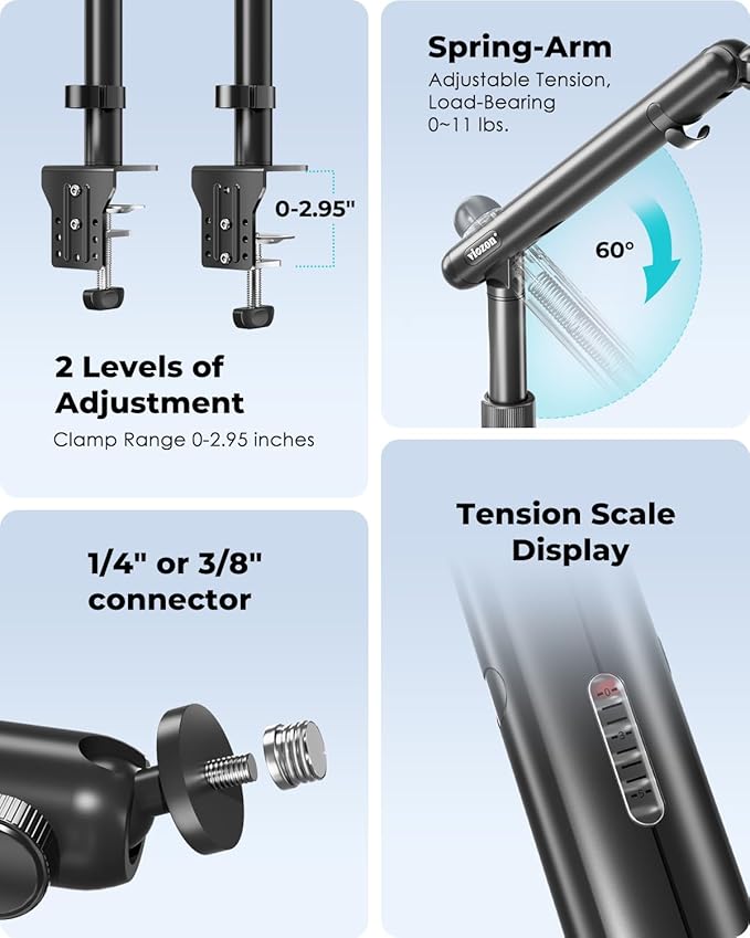 Viozon Overhead Camera Mount, Overhead Phone Stand, Flexible Aluminum Alloy Spring Arm with 360° Ball Head,1/4"&3/8" Interface for DSLR Camera/Rrojector/Microphone/Ring Light/Webcam/Phone