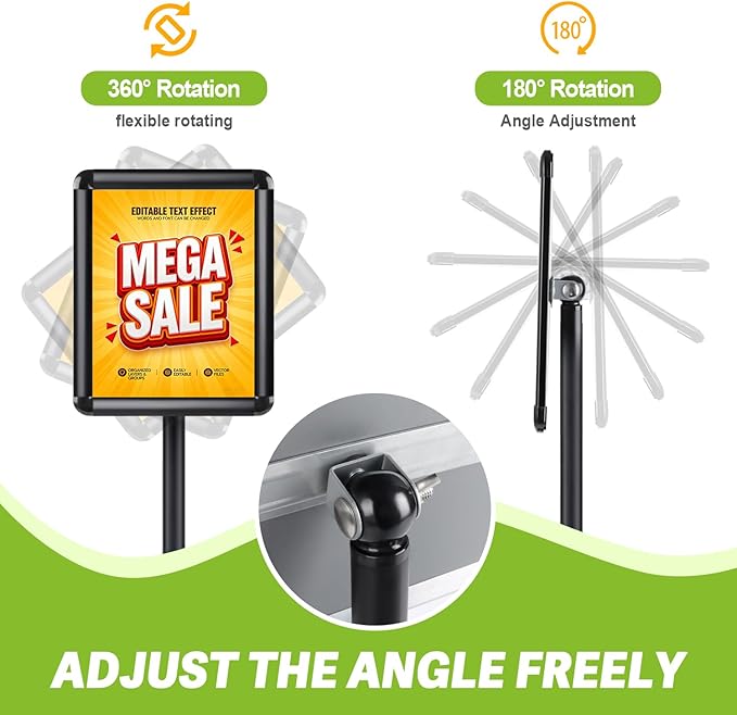 RedChili Floor Standing Sign Holder Stand for 8.5x11 Inches Poster or Chalk Board, Pedestal Sign Holder with Snap Open Frame 8.5" x 11",360° Rotation, Outdoor Indoor Standing Display Sign Holders for Advertising (Black, Round Corner)