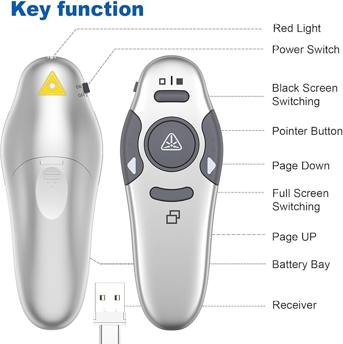 QUI Presentation Clicker Wireless Presenter Remote Clicker for PowerPoint Presentation Remote, PowerPoint Slide Advancer for Mac/Windows/Linux, Google Slide/PPT/Keynote, USB A&C, Silver