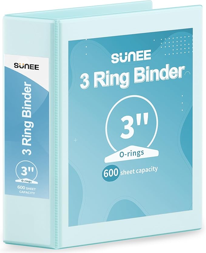 SUNEE 3 Ring Binder 3 Inch 1 Pack, Clear View Binder Three Ring PVC-Free (Fit 8.5x11 Inches) for School or Office Supplies, Pastel Blue