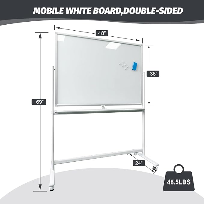 Large Mobile Glass White Board with Wheels - 48”x36” Rolling Dry Erase Whiteboard with Stand, Quick Flip Over Reversible Glass Board, Standing Double-Sided Board