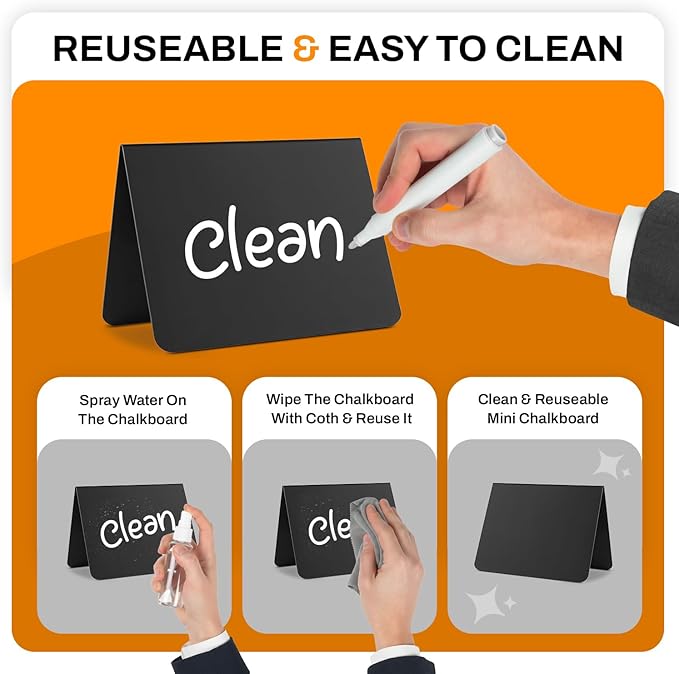 12 Pack Mini Chalkboard Signs for Food, 4”x3” Small Reusable Chalk Board Signs w/Spray Bottle, Food Labels for Party Buffet, Table Signs for Wedding, Name Tags & Bakery w/ 2 Markers & Wiping Cloths