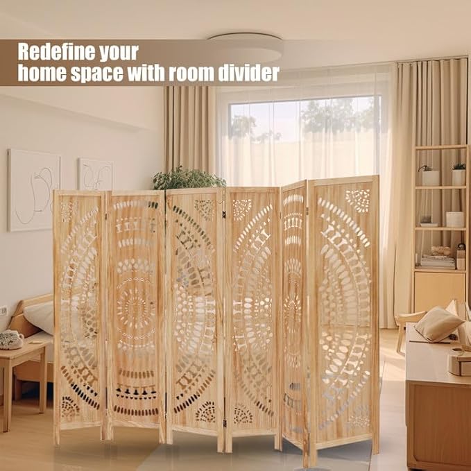 ALeesing 6 Panel Wood Room Divider Fully Assembled, Decorative Room Dividers and Folding Screens, 5.6Ft Room Divider Screen Freestanding Partition Wall Dividers for Home Bedroom Office, Light Brown