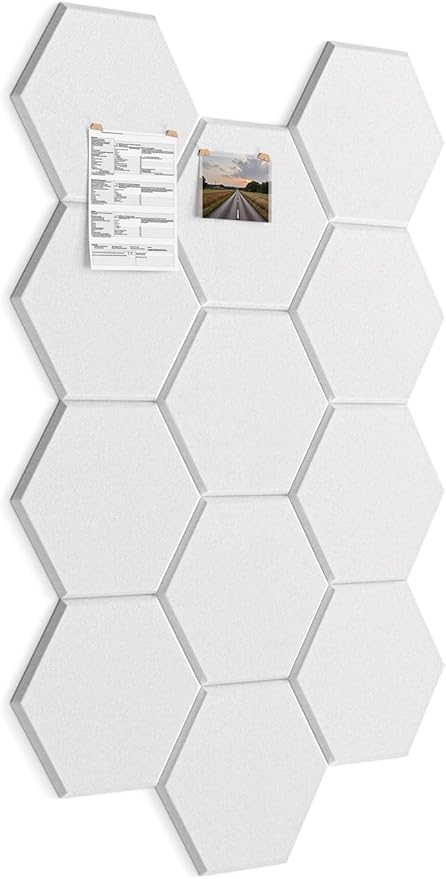 Large Bulletin Board 12" x 10", 12 Pack White Cork Boards for Walls, Self-Adhesive Hexagon Felt Pushpins Wall Tiles, Display for Messages, DIY Notice, Photo Decorations, Classroom, Office, Bedroom
