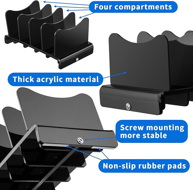 CaSZLUTION Acrylic Multi Device Organizer Stand Base for Portable Charger Power Banks, 4 Slots Desktop Storage Holder Compatible with USB Battery Pack, Phones and Tablets (Stand Only) - Black