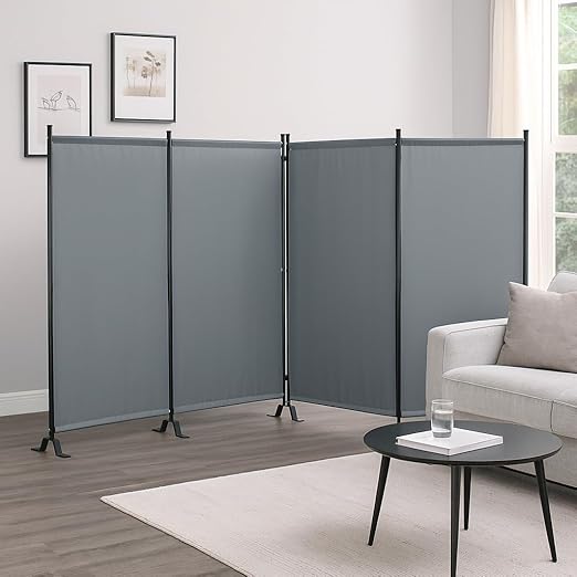 Proman Products - Galaxy 4 Panel Section Privacy Folding Screen Divider, Water Repellent Fabric Room Divider with Black Powder Coated Metal Frame for Indoors or Outdoors (Gray)