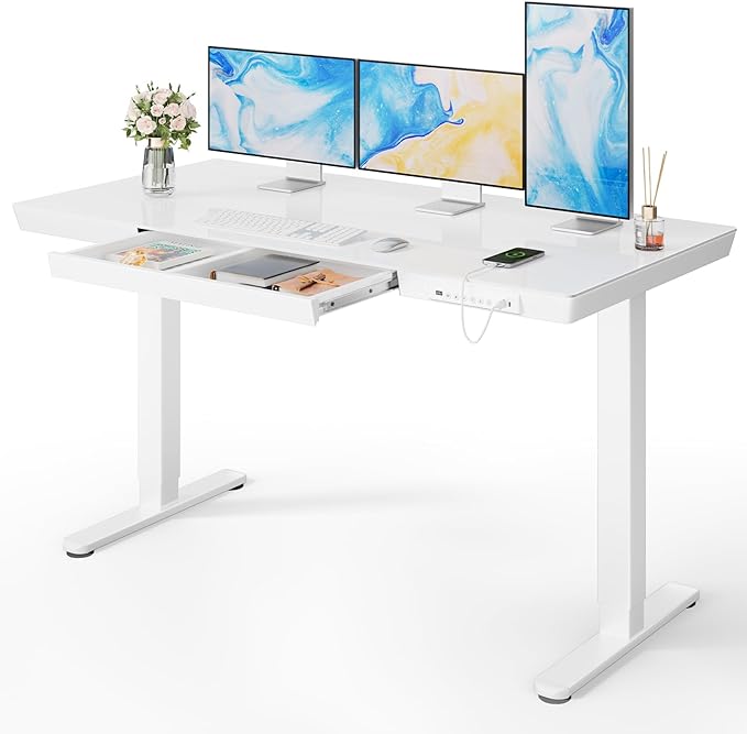 Marsail Glass Standing Desk with Drawer,55 x 28 inch Electric Standing Desk, Sit Stand Desk with One-Piece Tabletop & USB Charging Ports, Height Adjustable Desk with Storage for Home & Office White