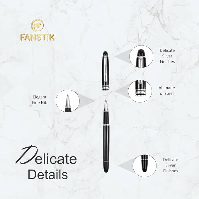 FANSTIK Customized RollerBall pen with name (MADE IN USA), stainless steel, black and silver, luxury engraved pen personalized for men and for women. (RollerBall Black-Silver)