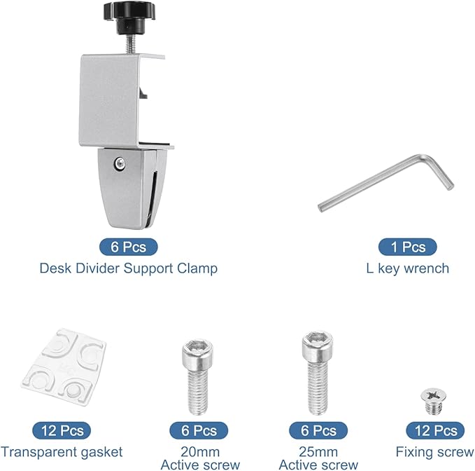 PATIKIL 6 Pcs 1/8"to 1/2" Adjustable Desk Divider Partition Clips, Aluminum Sneeze Guard Support Clamps Desktop Divider Clips for Offices Stores, Counter Privacy Panel,Silver