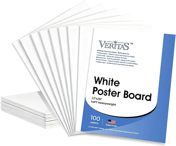 WritePads White Poster Boards 22"x28", 100 Pack, 130LB/290gsm Heavyweight Poster Board, 14PT Thick White Presentation Boards for School Projects, Crafts, Office, Made in USA