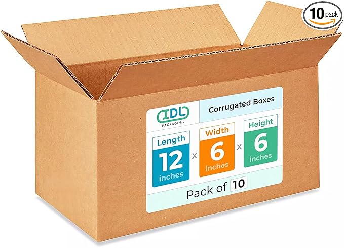 IDL Packaging - B-1266-10 Small Corrugated Shipping Boxes 12"L x 6”W x 6"H (Pack of 10) - Quality Choice of Sturdy Packing Boxes for USPS, UPS, FedEx Shipping