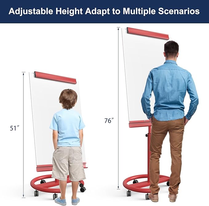 TSJ OFFICE Rolling Whiteboard Standing - 40 x 26 Inches Magnetic Mobile White Board with Stand, Height Adjustable Dry Erase Board on Wheels with Paper Clamp on Top, Red