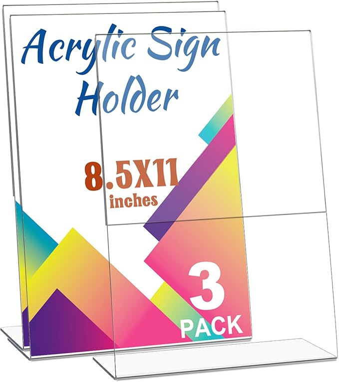 Laerjin 3 Pack Acrylic Sign Holder 8.5 x 11, Slanted Back Sign Holders, Clear Sign Holder, Plastic Paper Holder, Flyer Document Paper Display Stand for Office Desktop