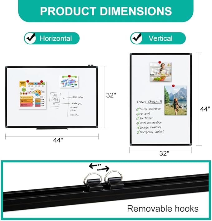 XIWODE 32x44 Inch Magnetic Dry Erase Whiteboard，Black Aluminum Frame Wall-Mounted for Home School Office Conference Room