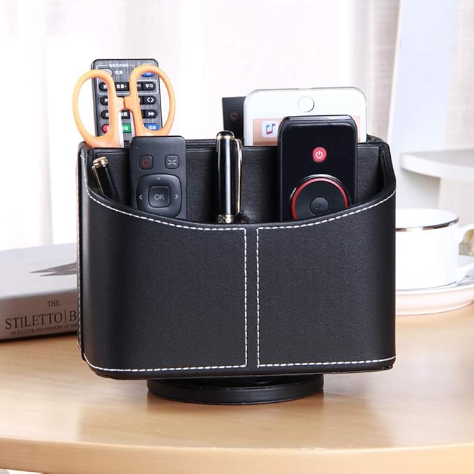 Remote Control Holder 360 Degrees Rotatable Desk Stationery Supply Organizer PU Leather Desktop Storage Box for Controllers Media Bedside Spinning TV Caddy iPad Mobile Pencil Cosmetic