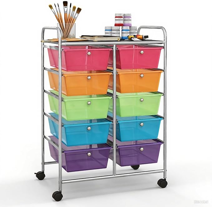 GLACER 10 Drawer Rolling Cart, Storage Cart with Lockable Whieels & Metal Frame, Trolley for Art Craft Oganizer, Mobile Utility Cart for Office, School, Classroom, Kitchen (Clear Rainbow)