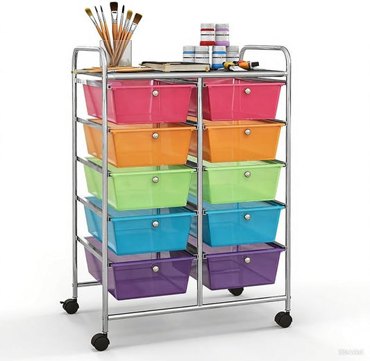 GLACER 10 Drawer Rolling Cart, Storage Cart with Lockable Whieels & Metal Frame, Trolley for Art Craft Oganizer, Mobile Utility Cart for Office, School, Classroom, Kitchen (Clear Rainbow)