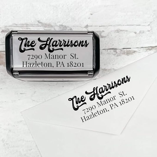 Self Inking Modern Address Stamps | Custom Return Address Stamper (Antique Script, Medium)