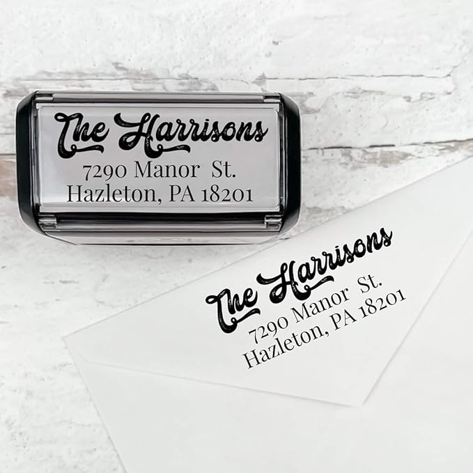 Self Inking Modern Address Stamps | Custom Return Address Stamper (Antique Script, Large)