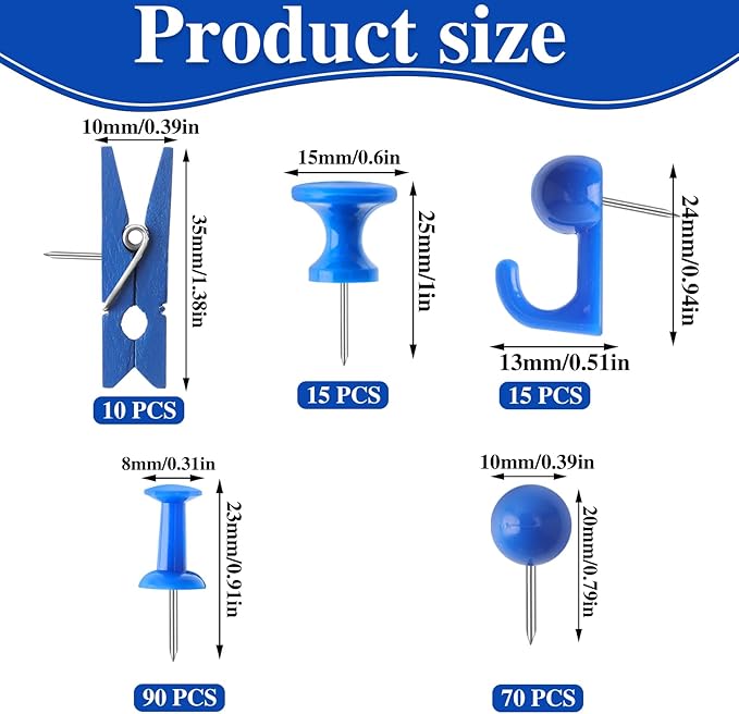 200 Pieces Push Pins Set, 5 Types Blue Thumb Tacks Cute Decorative Push Pins for Wall Cork Board Bulletin Boards with Storage Box