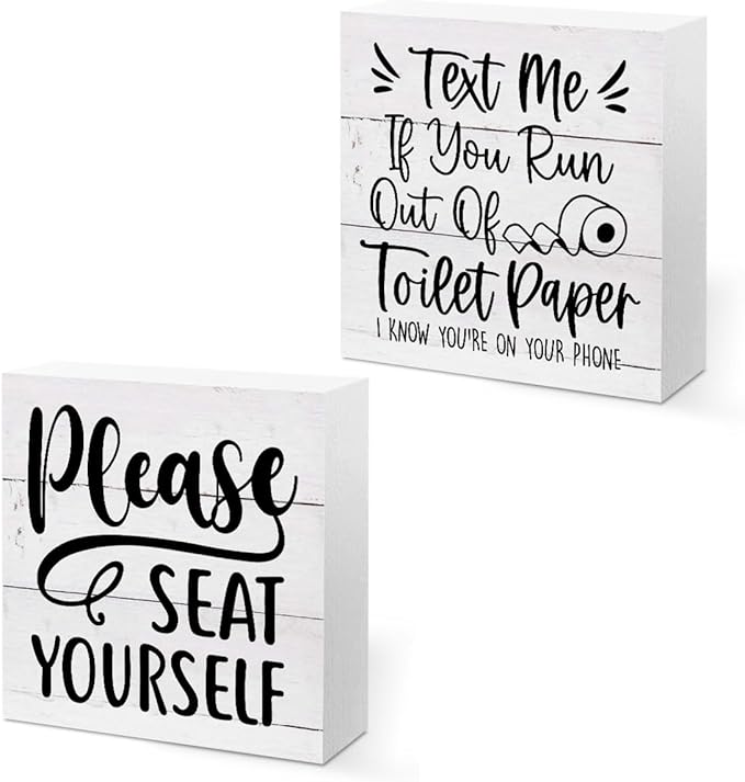 CQM 2 PCs Funny Bathroom Decor, Humorous Bathroom Decorative Sign, Rustic Farmhouse Style, White Wooden Box Sign, 5.1 x 5.1 inches, Wood Material