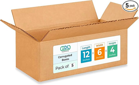 Medium Moving & Shipping Boxes 12 x 6 x 4 inches (5-Pack) - Extra Strength 200 lb vs Regular - Corrugated Boxes for Packaging, Made in USA - Shipping Box - Cardboard Shipping Box by IDL Packaging