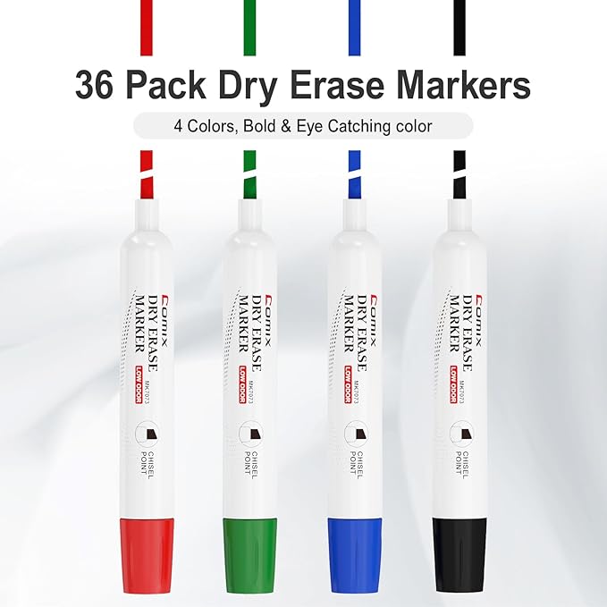 Comix Dry Erase Markers, Chisel Tip Whiteboard Markers, 36 Count 4 Assorted Colors Low Odor Markers for Classroom, Teachers, Office, School Supplies